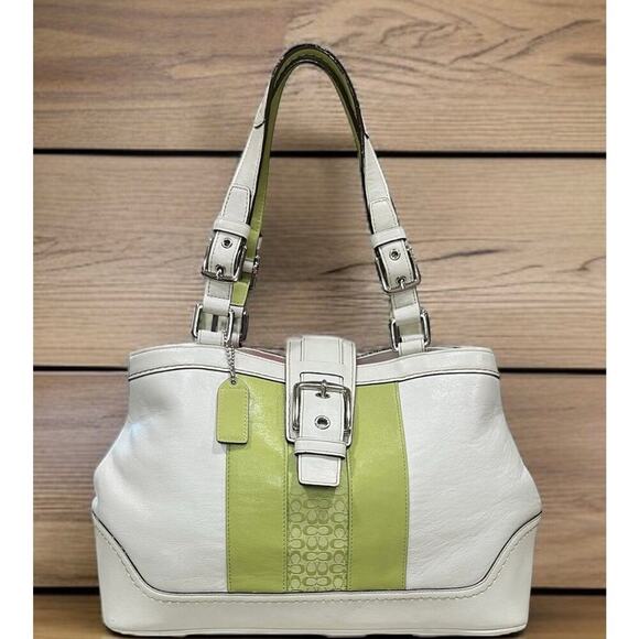 Y2K Coach F11345 Hamptons Leather Striped Satchel Bag & Mini Signature Wristlet - Picture 2 of 16